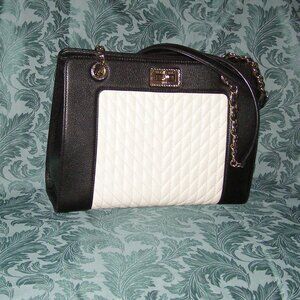 KARL LAGERFELD PARIS Black & White Leather Chevron Tote Bag Career handbag